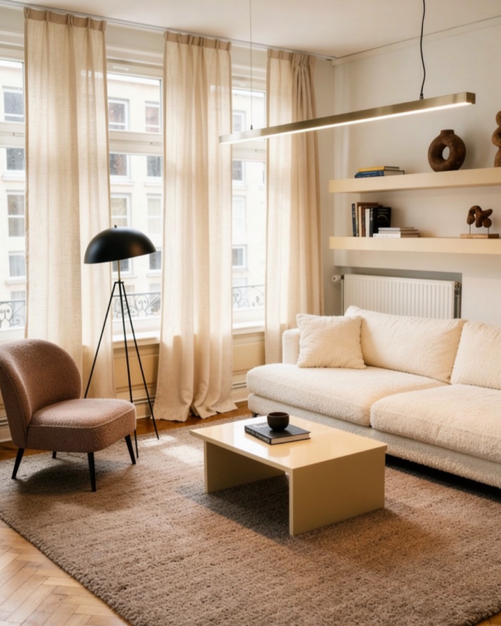 The same room furnished by Roomframe AI with a cream sofa, wooden coffee table and warm curtains
