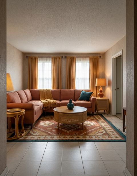 The same living room in bohemian style with a terracotta linen sectional, a round rattan coffee table with a teal vase, a kilim rug with a teal border, rattan side tables, a terracotta lamp with an ochre shade, ochre drapes and a teal pillow.