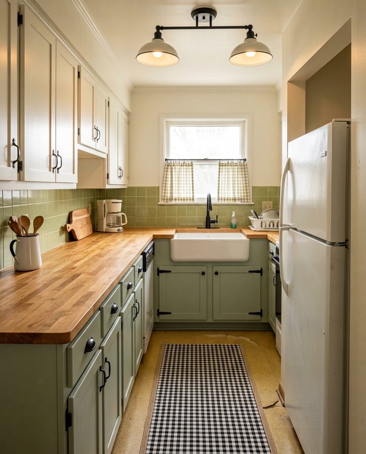 The same galley kitchen redesigned in farmhouse style with sage green shaker base cabinets, a honey butcher block counter, a white apron-front sink, white upper cabinets and two black and white ceiling lights