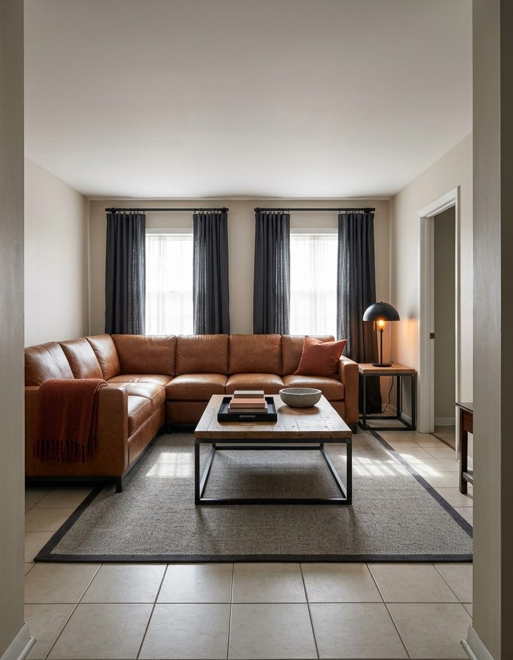 The same living room in industrial style with a cognac leather sectional, a reclaimed oak and black steel coffee table with books and a concrete bowl, a grey wool rug, charcoal linen curtains on black rods, a black domed lamp and a rust cushion and throw.
