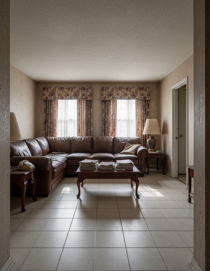Living room with a brown leather L-shaped sectional, a cherry wood coffee table stacked with magazines, cherry side tables, a rotary telephone, two table lamps and floral valances and drapes over two windows, on a cream tile floor.