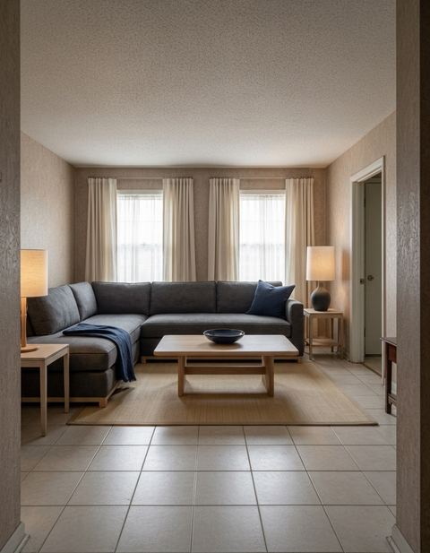 The same living room in Japanese style with a low charcoal linen sectional, a pale oak trestle coffee table holding an indigo bowl, a natural flat-woven rug, pale wood side tables, two table lamps and off-white linen curtains.