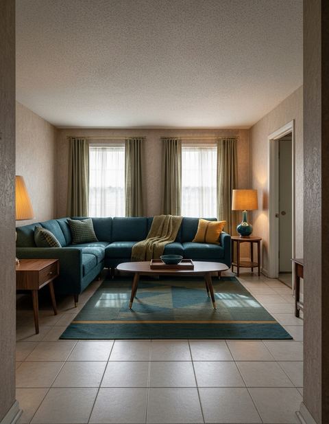 The same living room in mid-century modern style with a deep teal bouclé sectional, a walnut surfboard coffee table with a tray and teal bowl, walnut side tables, a teal lamp with a mustard shade, olive drapes on brass rods and a teal and olive geometric rug.