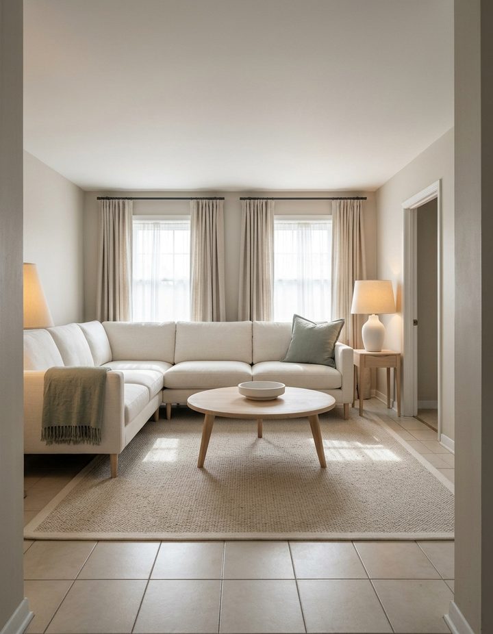 The same living room in Scandinavian style with a warm white linen sectional, a round pale oak coffee table with a white bowl, a large oat wool rug, oat linen curtains on charcoal rods, a white ceramic lamp on a pale side table and a sage cushion and throw.