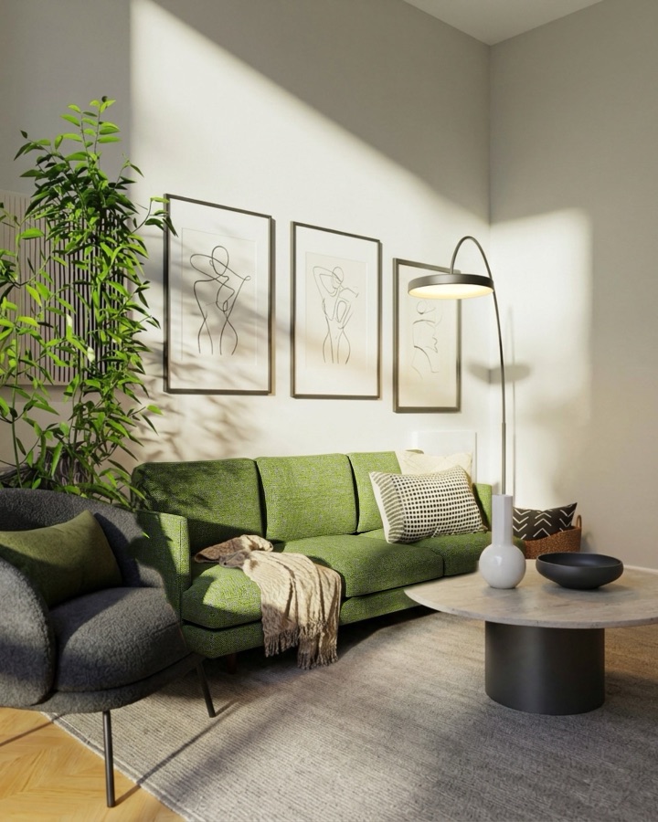 The same room redesigned around the green sofa, which stays exactly as it was