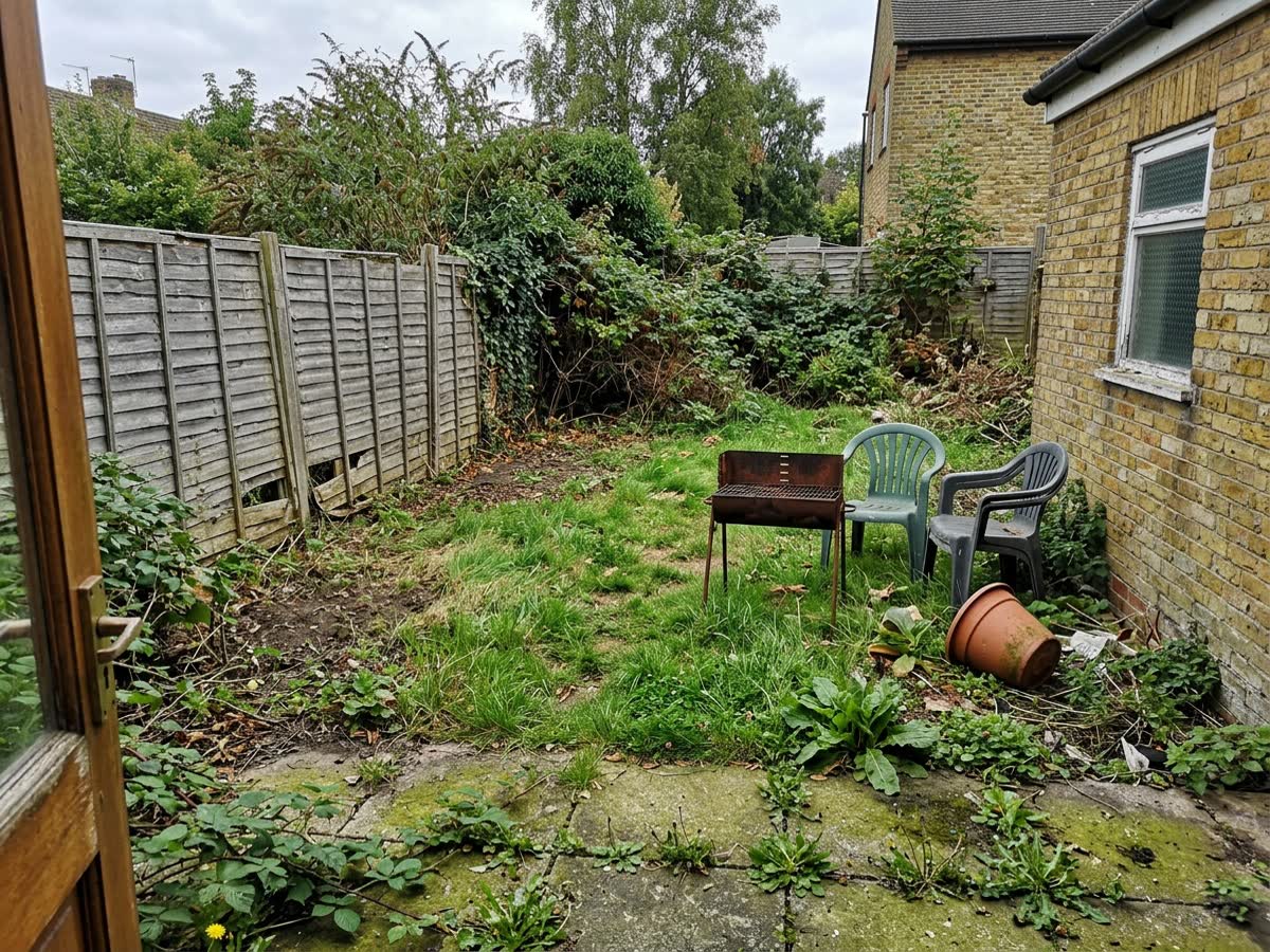 Ein verwilderter Garten mit rissiger Terrasse, rostigem Grill und Plastikstühlen