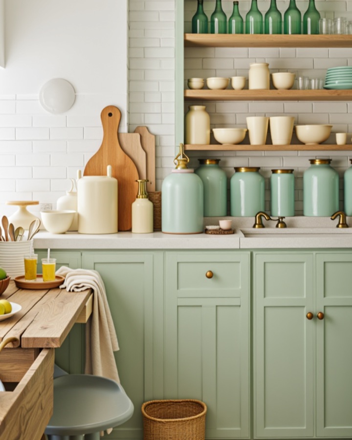 The same kitchen redesigned by Roomframe AI in coastal style with sage-green cabinets and open shelving
