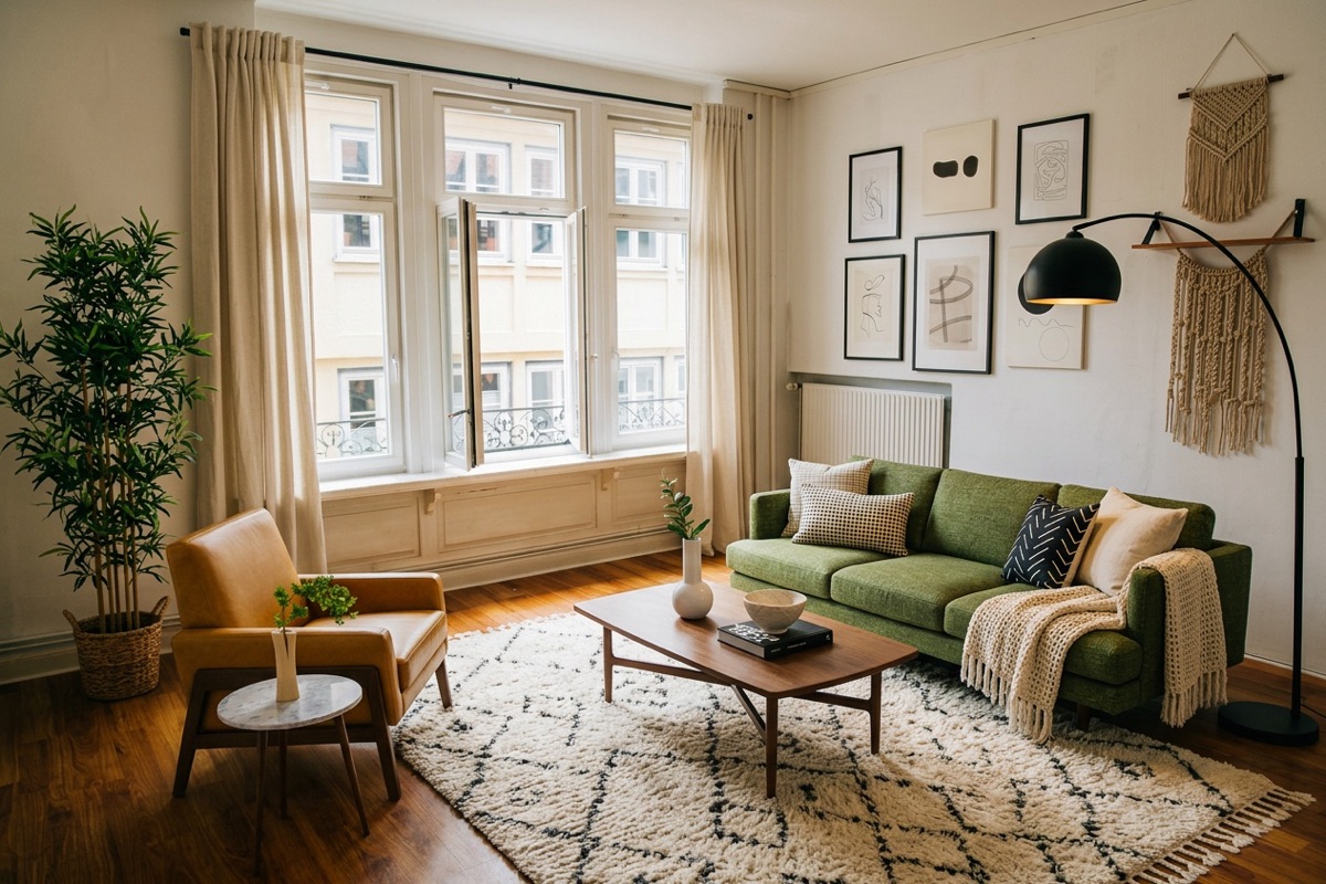 La même pièce meublée dans le style d'une photo d'inspiration : canapé vert, fauteuil en cuir fauve, tapis à motifs et mur de cadres